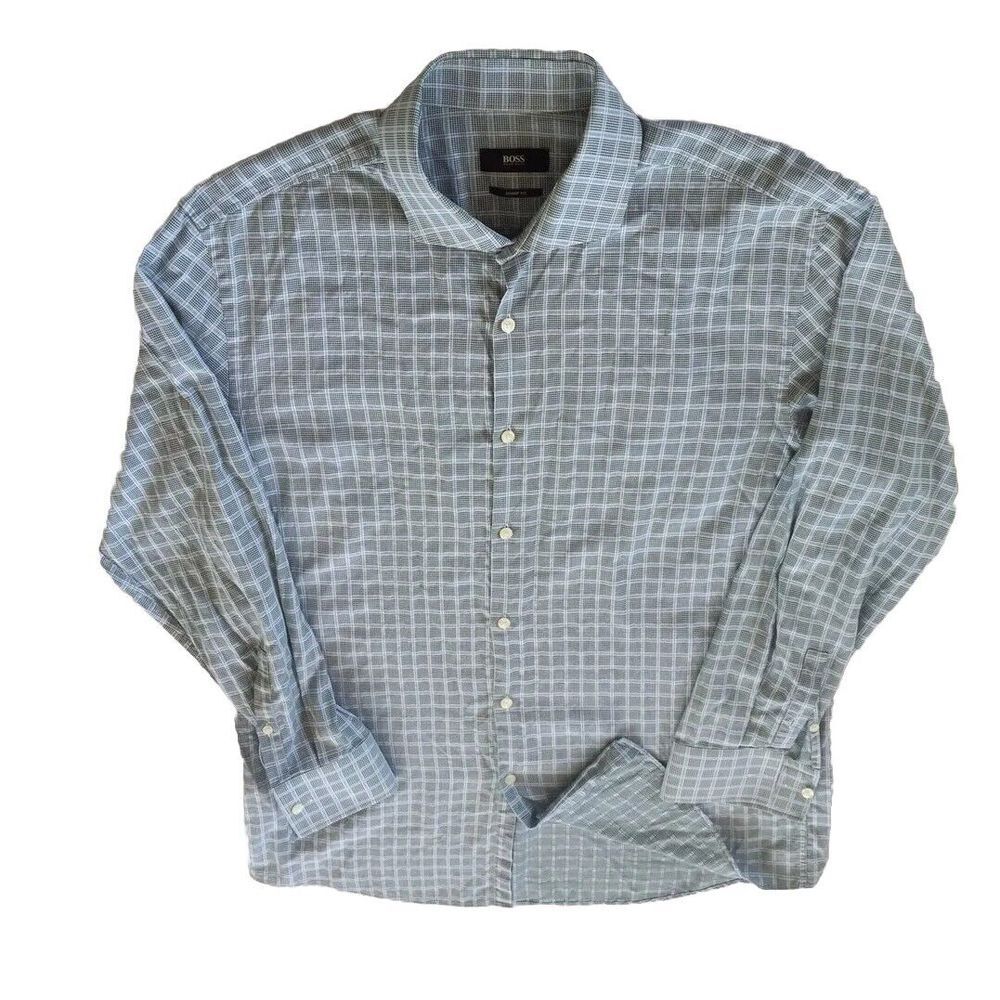 Boss Hugo Men 16.5 Long sleeve Buttons Down Sharp Fit Shirt Plaid Vintage Green